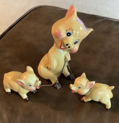 Statuine vintage kitschy testa di bobble antropomorfa pelliccia famiglia maiale incatenato (132ia) - Foto 2 di 7