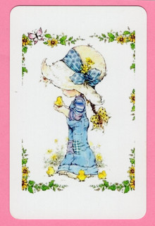 1 SINGLE SWAP CARD Sarah Kay girl in overalls admiring baby chick