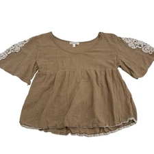 Roommates Womens Boho Blouse L Brown Cotton Crochet Sleeve