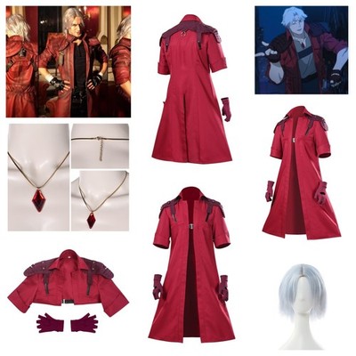 DMC 5 Devil May Cry Dante Cosplay Demon Red Jacket Gloves+Necklace+Wig fullsets