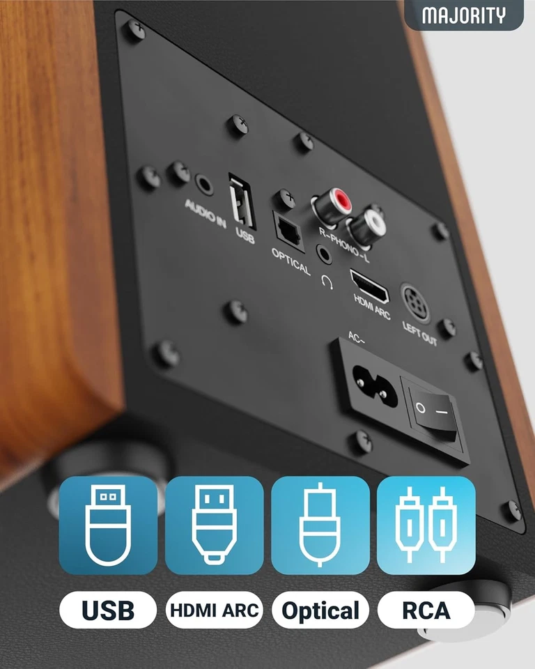 Active Speakers Bookshelf Speakers BT,AUX,USB,HDMI,OPT.,Brown,Majority D100,Tested - Image 3 of 4