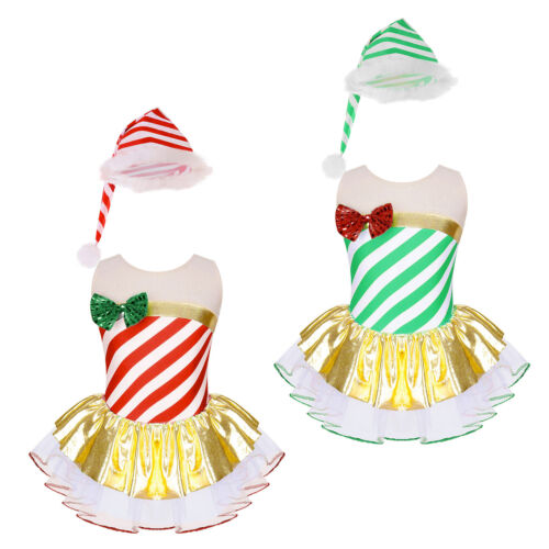 Kids Girls Xmas Outfit Leotard Set Party Christmas Costume 2pcs Dress Patchwork - Afbeelding 1 van 31