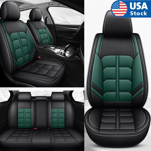 Black+Green PU Leather 5-Seats Car Seat Covers Cushions Set Interior Accessories