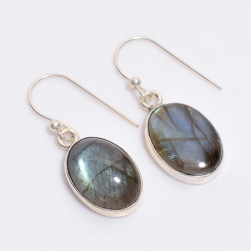 Blue Flash Natural Labradorite Gemstone 925 Sterling Silver Dangle Earrings Gift - Image 2 of 4