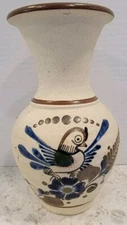 Tonala Vase Mexican Hand Painted Pottery 8" Bird & Floral Design, signed