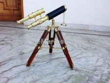 Brass Vintage Style Collectible Double Barrel Telescope W/Wooden Tripod Stand