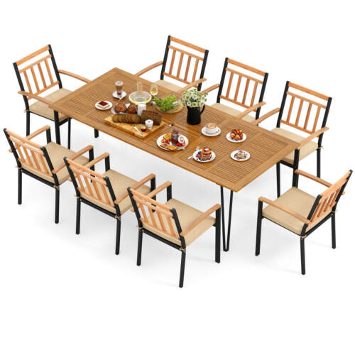 9 PCS Patio Dining Set w/ 8 Chairs Acacia Wood Table Top Umbrella Hole for Yard