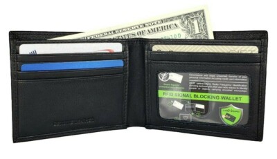Men's Genuine Leather RFID Security Black Billfold Bifold Wallet With Box