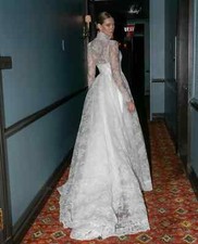 Lace Wedding Dress Satin Long Sleeve A line Minimalist Haute Couture Applique