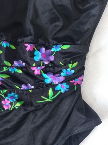 Baltex Body I.D. Womens Sz 14 1-pc Black & Floral Bathing Swimsuit Ruched Body - Picture 2 of 10