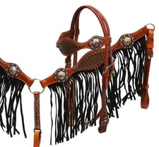 Western Saddle Horse Bridle + Breast Collar Leather Tack Set w/ Brown Fringe