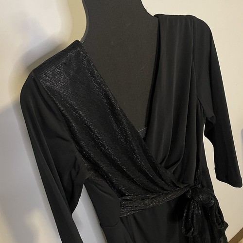 Vestido midi Lane Bryant talla 16 negro cuello en V envolvente falso forrado brillante con cinturón - Imagen 2 de 10