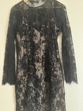 Express Women’s Sz 8 Black Floral Lace cocktail Dress Sequins &Beige Lining