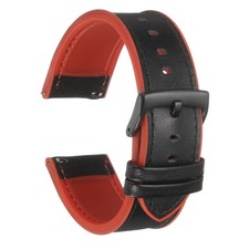 24mm Genuine Leather Watch Band with Silicone Waterproof Lining, Black Red