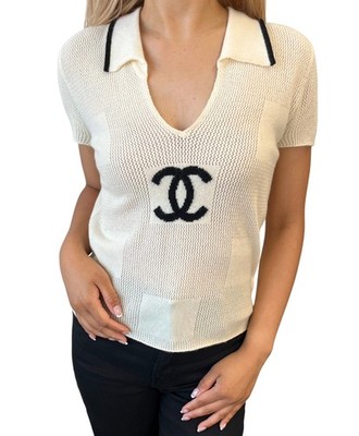 CHANEL Vintage 01C CC Logo Polo Crochet Sweater #38 Knit Top Cream