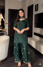 Green Farshi Salwar Suit Set Embroidered Crepe Silk Party Wear Outfit