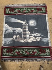 Light House Christmas Holly Tapestry Blanket Throw Fringed 48x60โ USA Made