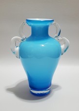 Vintage Murano Style Blue  White Cased Blown Glass Vase, Applied Clear Handles