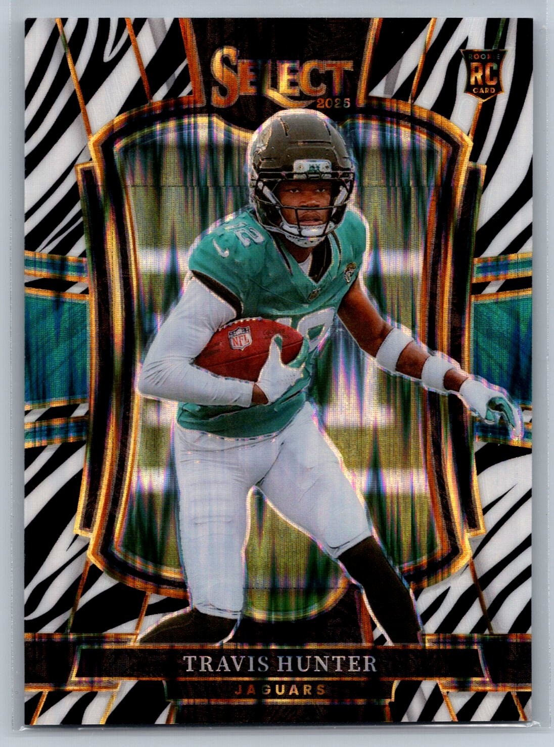 Travis Hunter #128 2025 Panini Select Rookie Case Hit Premier Level Zebra Prizm