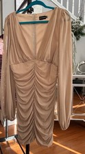 PrettyLittleThing Ruched Mesh Balloon Sleeve Bodycon Mini Dress Camel Nude SZ 10