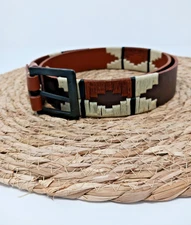 Gaucho Brown Leather Belt Sz 38 Embroidered Western Tribal w/Buckle