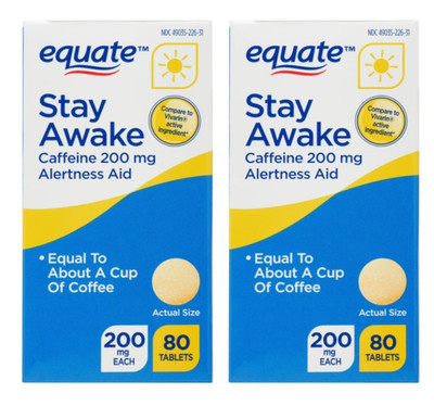2 PACK Equate Stay Awake Caffeine 200mg Tablets Energy Mental Focus, 80 Count