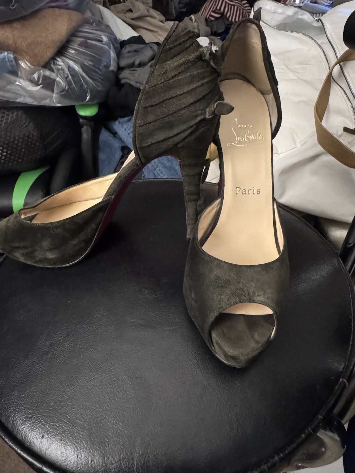 Christian Louboutin Olive Green Suede Peep-Toe Slingback Heels size 10
