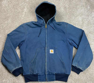 Vintage Carhartt Faded Storm Blue Hooded Jacket JR102 J03NVY Lined Medium 90's