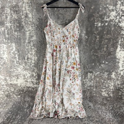 Tabitha Webb Size L Floral Smocked Tie Strap Midi Dress White Sleeveless Womens