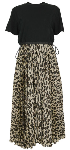 Sacai Layered Midi Dress in Black/Leopard Print