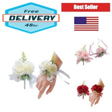 Rikyo 2 Pack Wrist Corsage and Boutonniere Set Faux Silk Wedding Prom Flowers