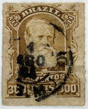 1877-78 BRAZIL, EMPEROR DOM PEDRO  300 reis USED ROULETTED PERFORATION