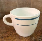 Vintage Milk Glass Coffee Cups-White with Teal Blue Stripes 8oz