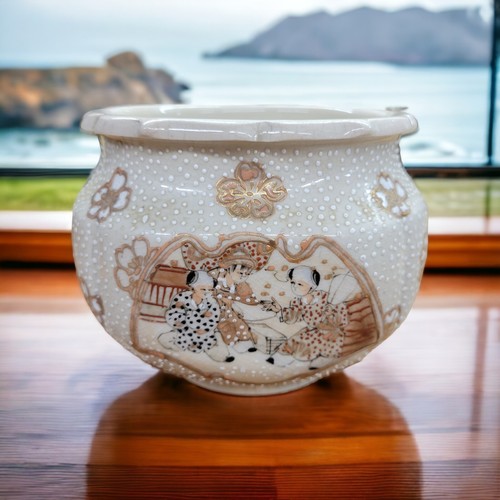 Antik orientalisch asiatisch handbemalt Übertopf Vase Topf gewellter Rand 4,5" x 5"