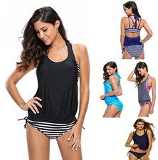 Women Swimwear Stripe Print Tankini Three Piece 3 PC Set Bikini Halter Swimsuit