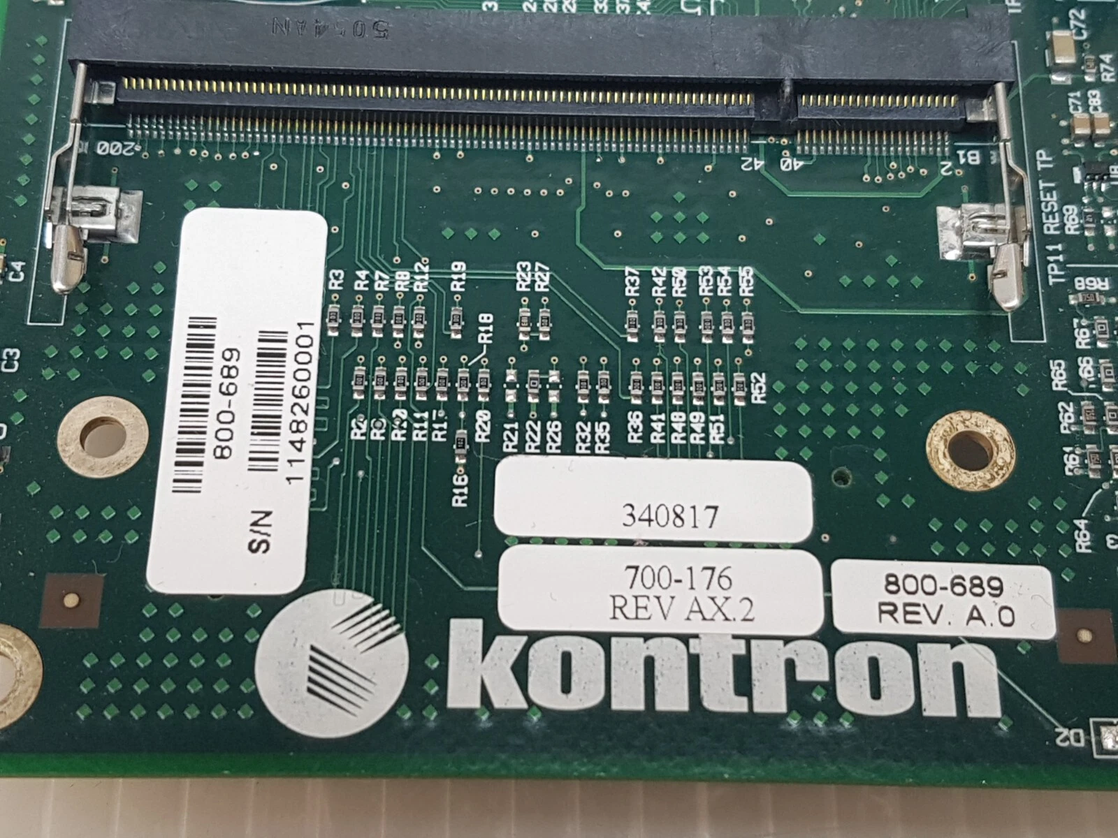 Close-up of Kontron logo and 700-176 Rev AX.2 and 800-689 Rev A.0 labels