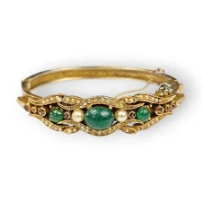 Victorian Revival Cuff Bracelet Ornate Faux Jade Seed Pearl Rhinestone Vtg FLAW 