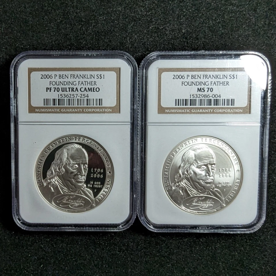 2 Coin Set 2006 P Ben Franklin $1 NGC PF 70 Ultra Cameo MS 70 Founding Father... - Image 3 of 4