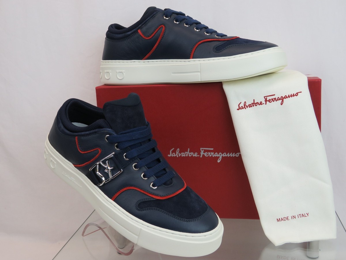$795 FERRAGAMO NORIS NAVY LEATHER RED SUEDE SF LOGO WHITE SNEAKERS 10.5 M ITALY $795 NIB FERRAGAMO NORIS WHITE LEATHER SUEDE SF LOGO GANCINI  main image 3