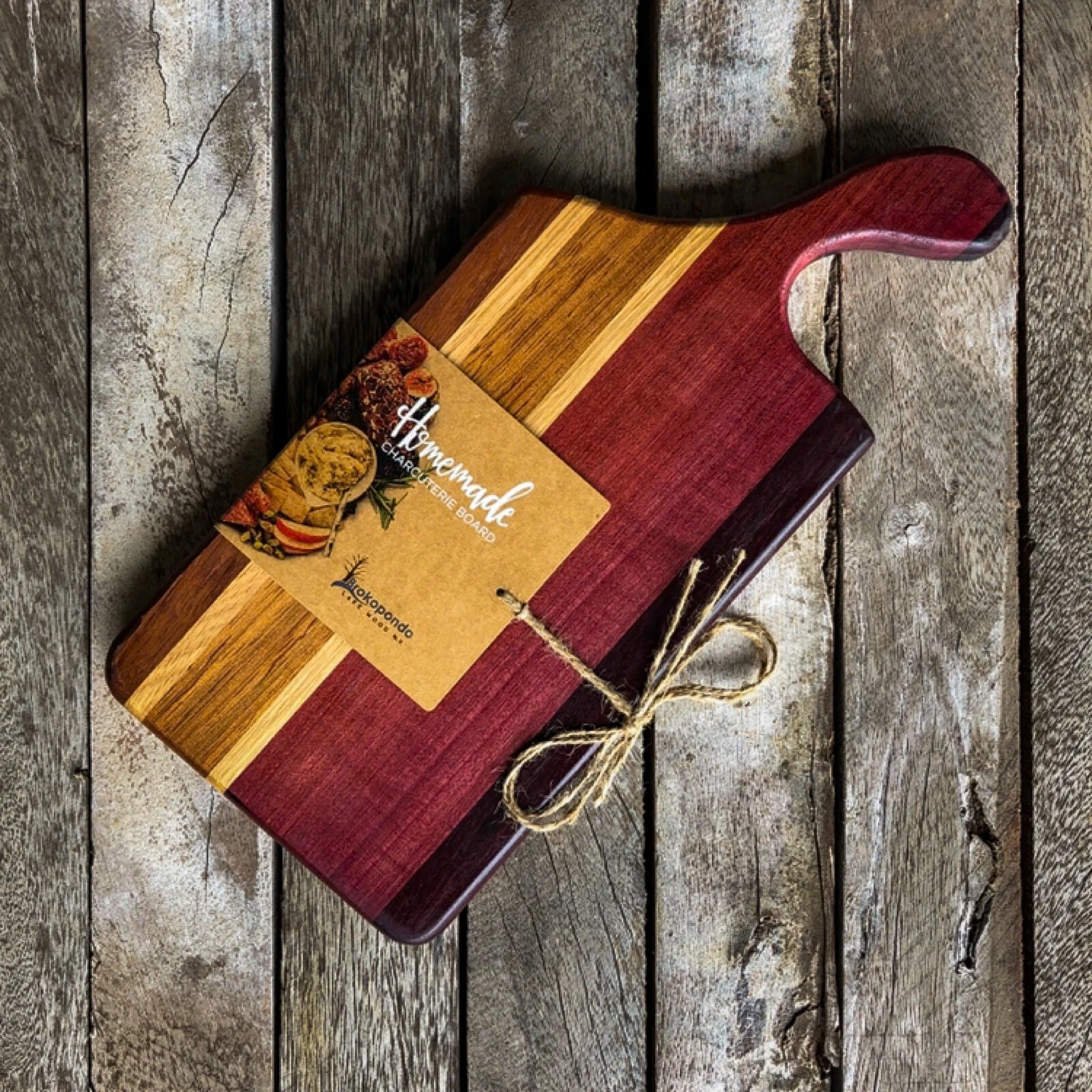 Handcrafted Wooden Serving Board, Brown and Burgundy Striped, Handle Design