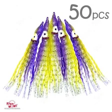 50pcs Fish WOW!® 5" Squid Skirt Octopus Hoochies Crinkle trolling Purple Yellow