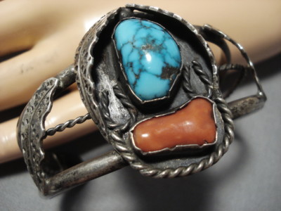 MUSEUM VINTAGE NAVAJO BLUE WIND TURQUOISE STERLING SILVER BRACELET OLD CUFF
