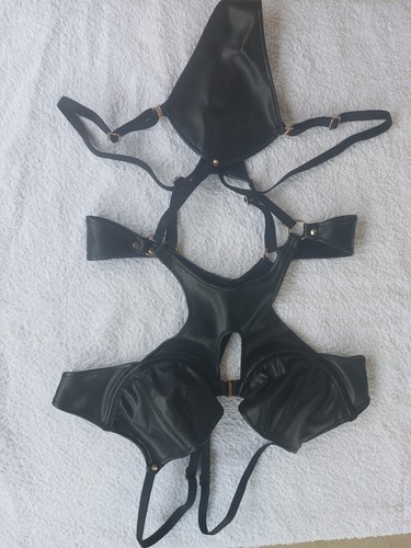 HONEY BIRDETTE JAEL BLACK VEGAN LEATHER SOFT THONG BODYSUIT CUT OUTS 10C - Picture 6 of 10