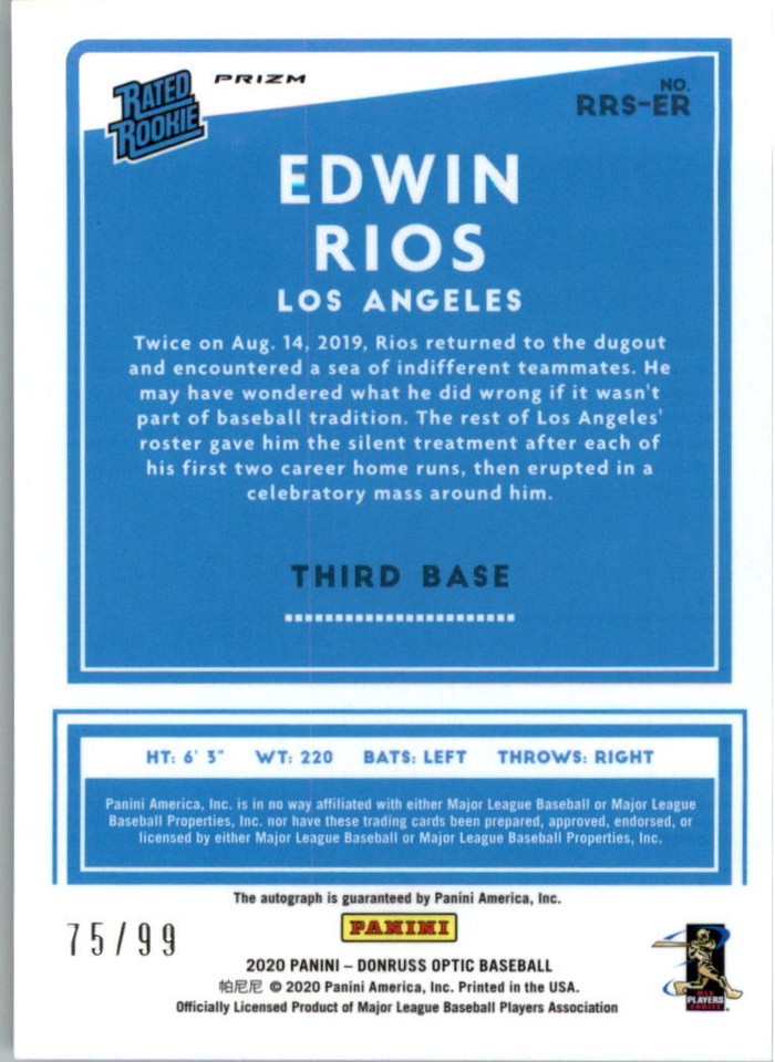 2020 Donruss Optic Rated Rookies Signatures Blue Mojo #39 Edwin Rios ...