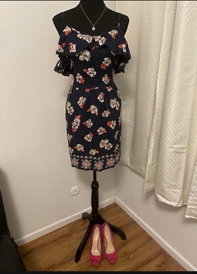 francescas blue floral spaghetti strap dress with shoulder cut outs and  flutter | eBay