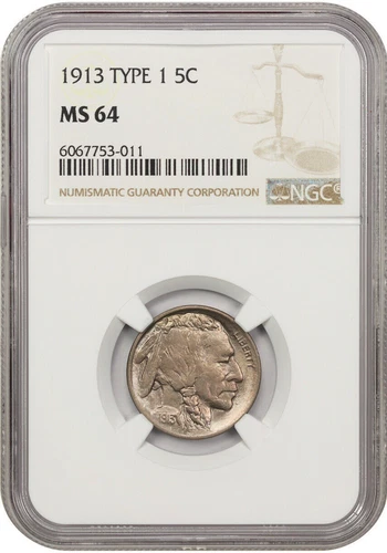 :1913-P 5C INDIAN-HEAD BUFFALO NICKEL TYPE I MOUND NGC-MS-64 HIGHEST-GRADES
