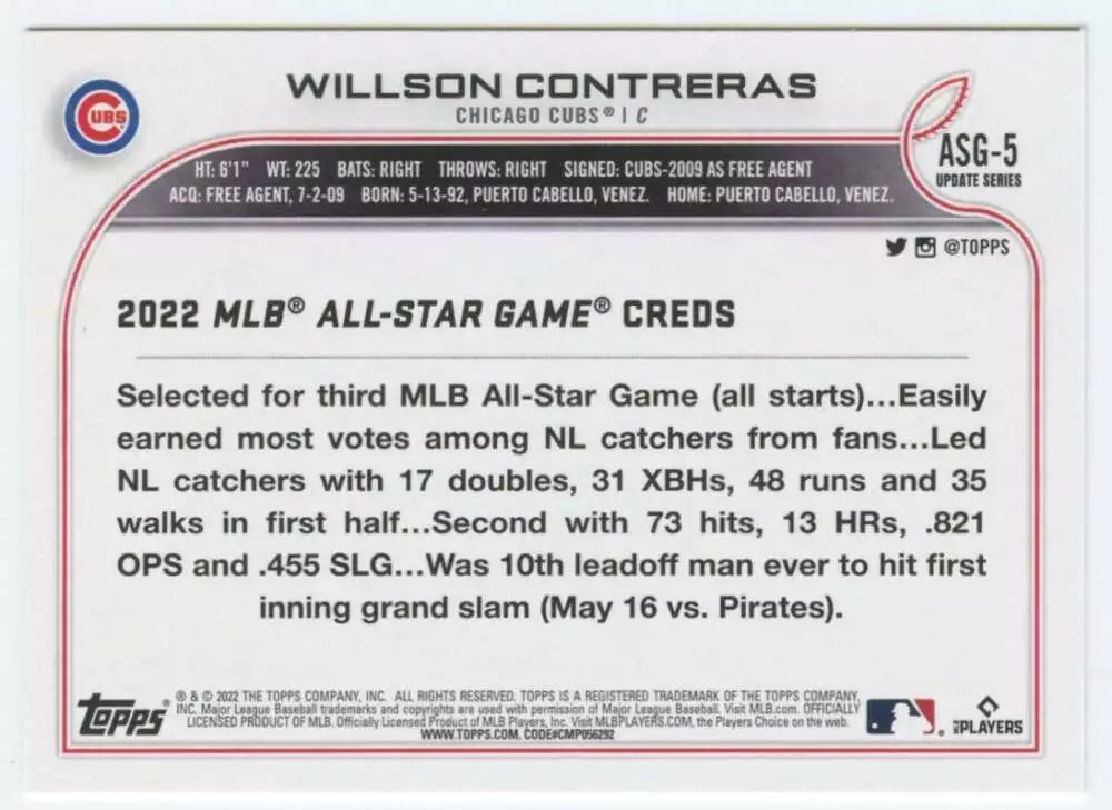 2022 Topps Update 2022 MLB All-Star Game #ASG-5 Willson Contreras NM-MT  ID:46526