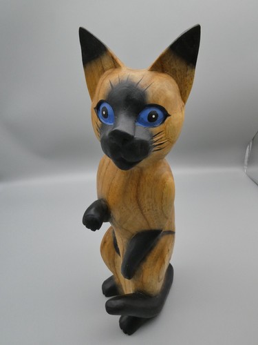 MCM Siamese Cat Solid Wood Figurines Folk Art Sculptures Hand Carved 12" 5pc Set - Picture 5 of 22