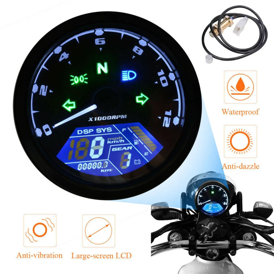 Universal Motorcycle Digital LCD Speedometer Motorbike Odometer Tachometer Gauge - Image 2 of 4