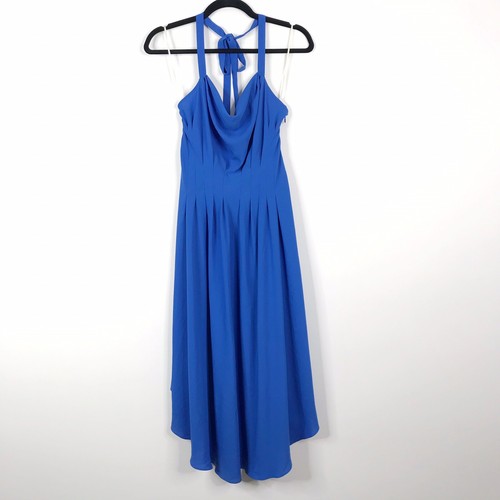 Rachel Rachel Roy Size 4 Blue Cowl Neck Halter Dress Pleated Cocktail Hanky Hem - Picture 2 of 11